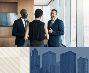 Collage of images featuring business professionals and chicago skyscrapers